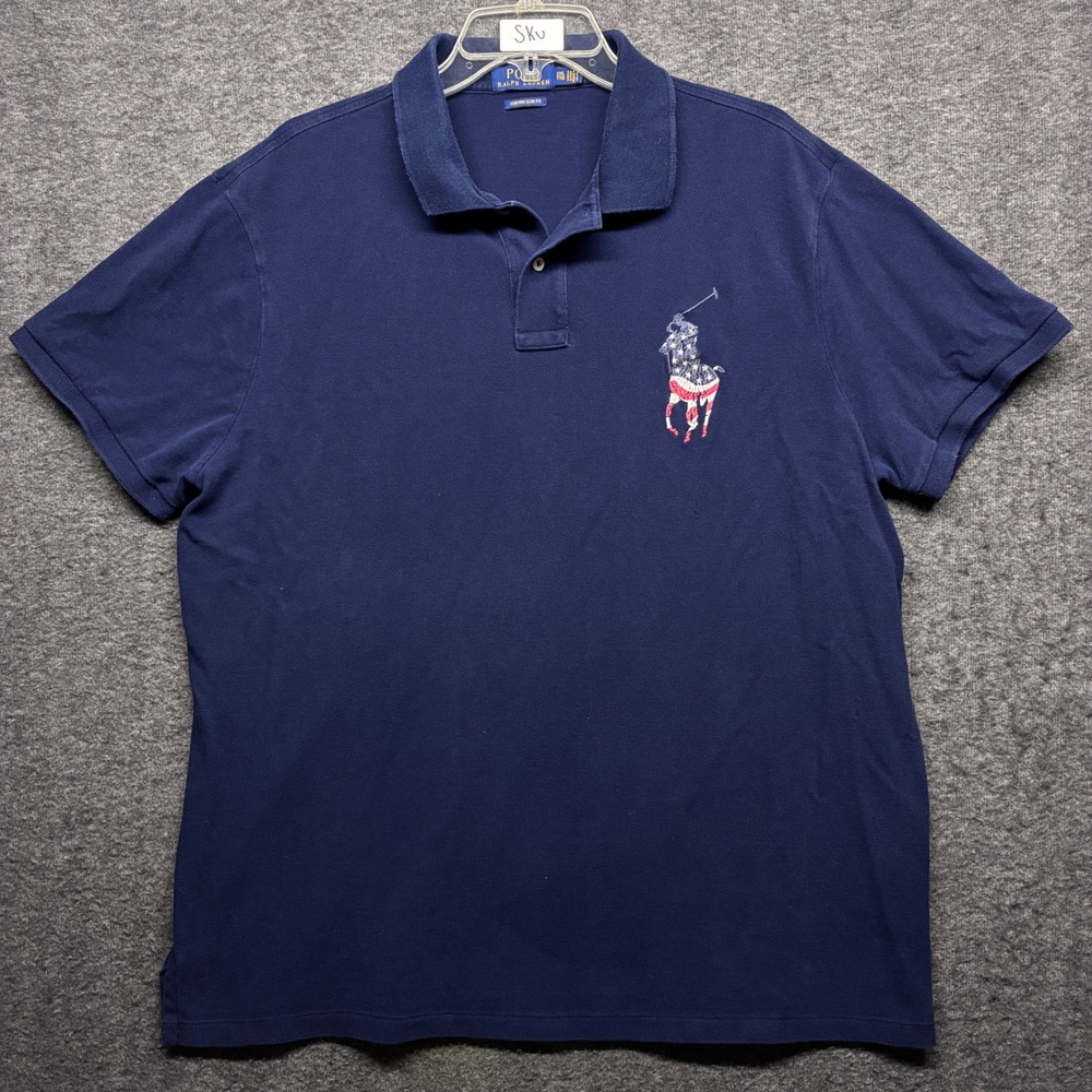 Polo Ralph Lauren Mens XXL Navy Blue Big Pony American Flag Custom Slim Fit Polo